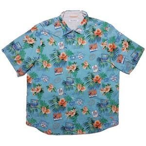 TOMMY BAHAMA Short Sleeve Hawaiian Shirt Postcards Green Blue Floral XL